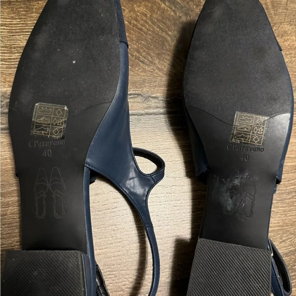 C.Paravano Navy Leather Square Toe Slingback Flats - Picture 8 of 9
